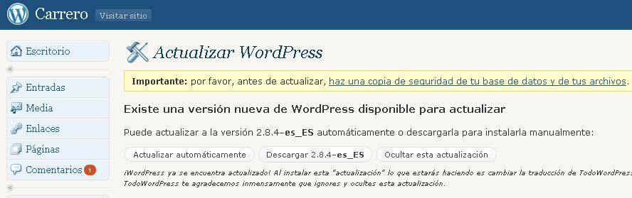 wordpress actualizar a 2.8.4 en castellano