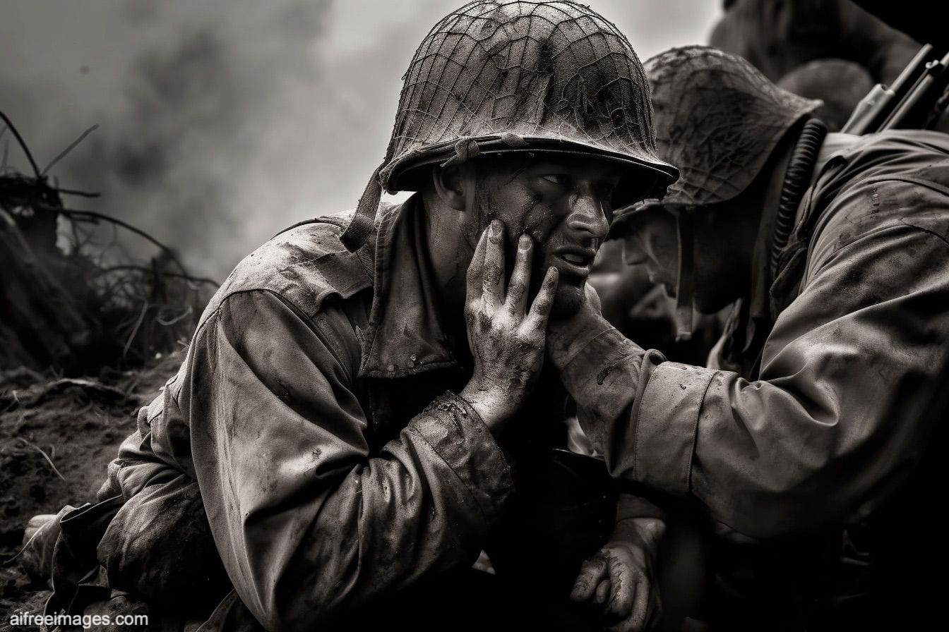 "An impactful war photo in the style of Robert Capa, capturing the raw emotion and intensity of a moment on the battlefield." --ar 3:2 --v 5