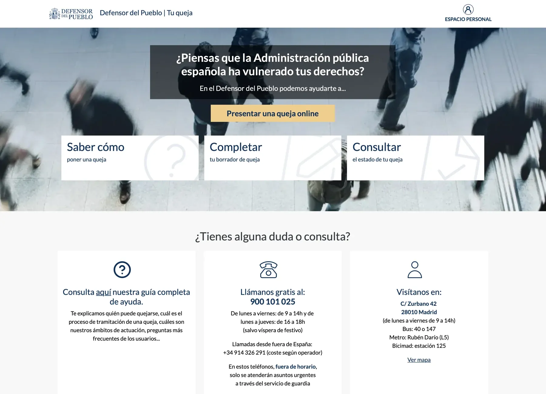 Portada del portal de quejas online del Defensor del Pueblo