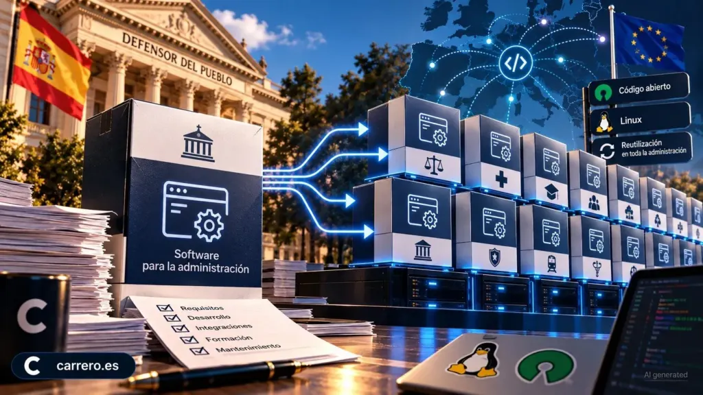 Ilustración generada con IA del Defensor del Pueblo y software público reutilizable en toda la administración