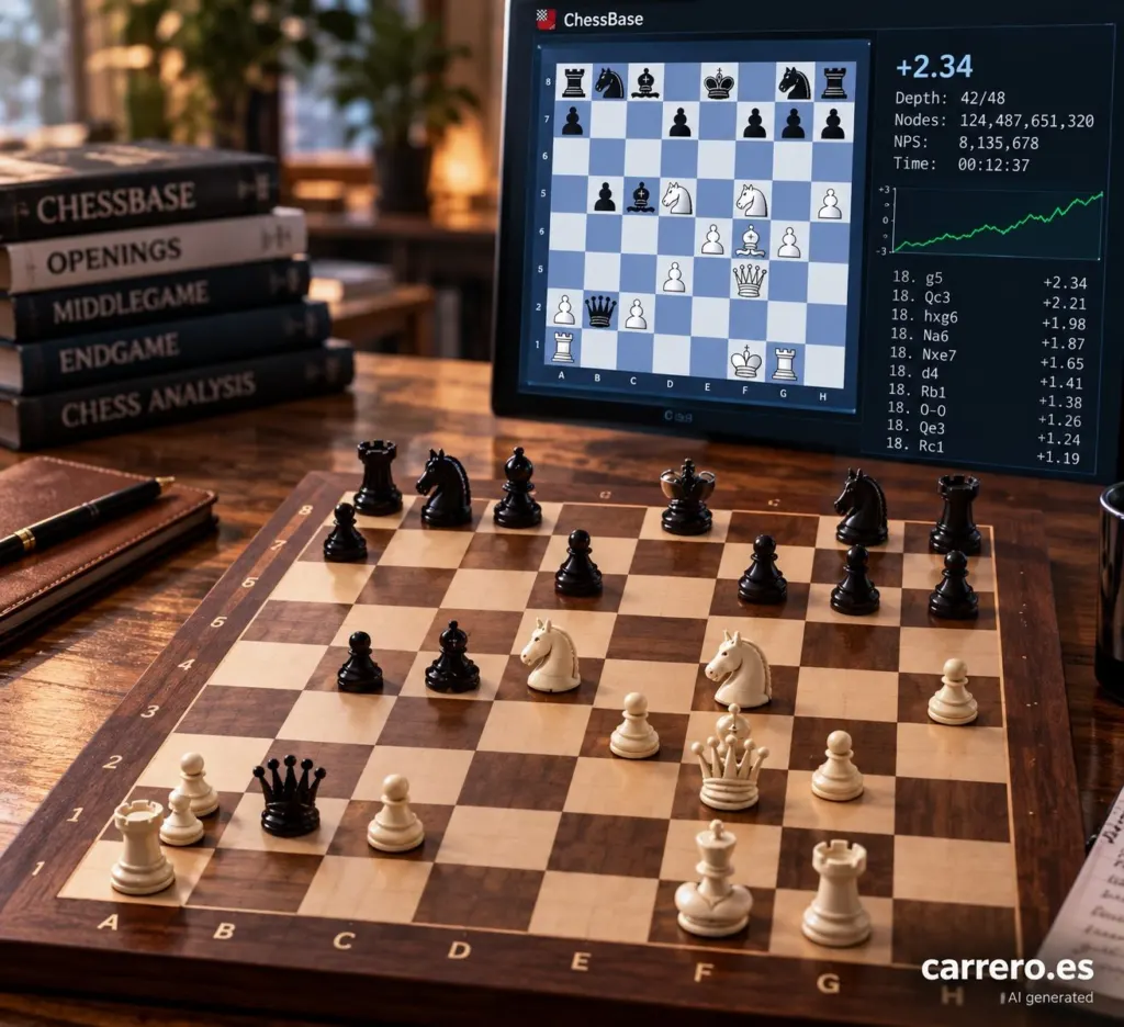 Interfaz de Chessbase mostrando la posición del juego Anderssen-Kieseritzky, 1851 después de la jugada 17 del negro.