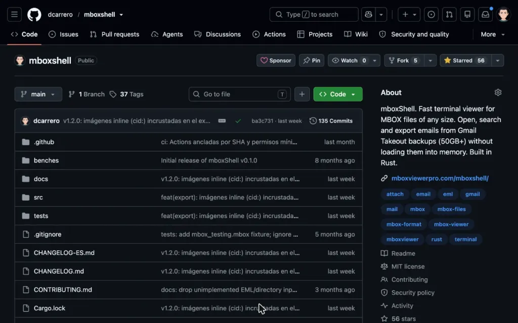 El repositorio de mboxshell en GitHub.